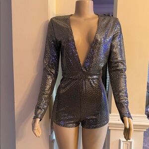 Silver Long-sleeve Sequin Jumpsuit